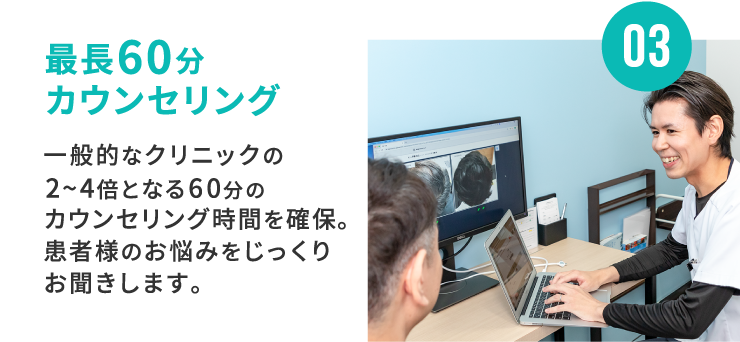 03 最長60分カウンセリング 一般的なクリニックの2〜4倍となる60分のカウンセリング時間を確保。患者様のお悩みをじっくりお聞きします。